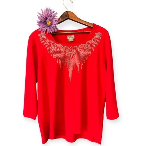 Red 3/4 Sleeve Embellished Rhinestone Top L - Picture 5 of 5